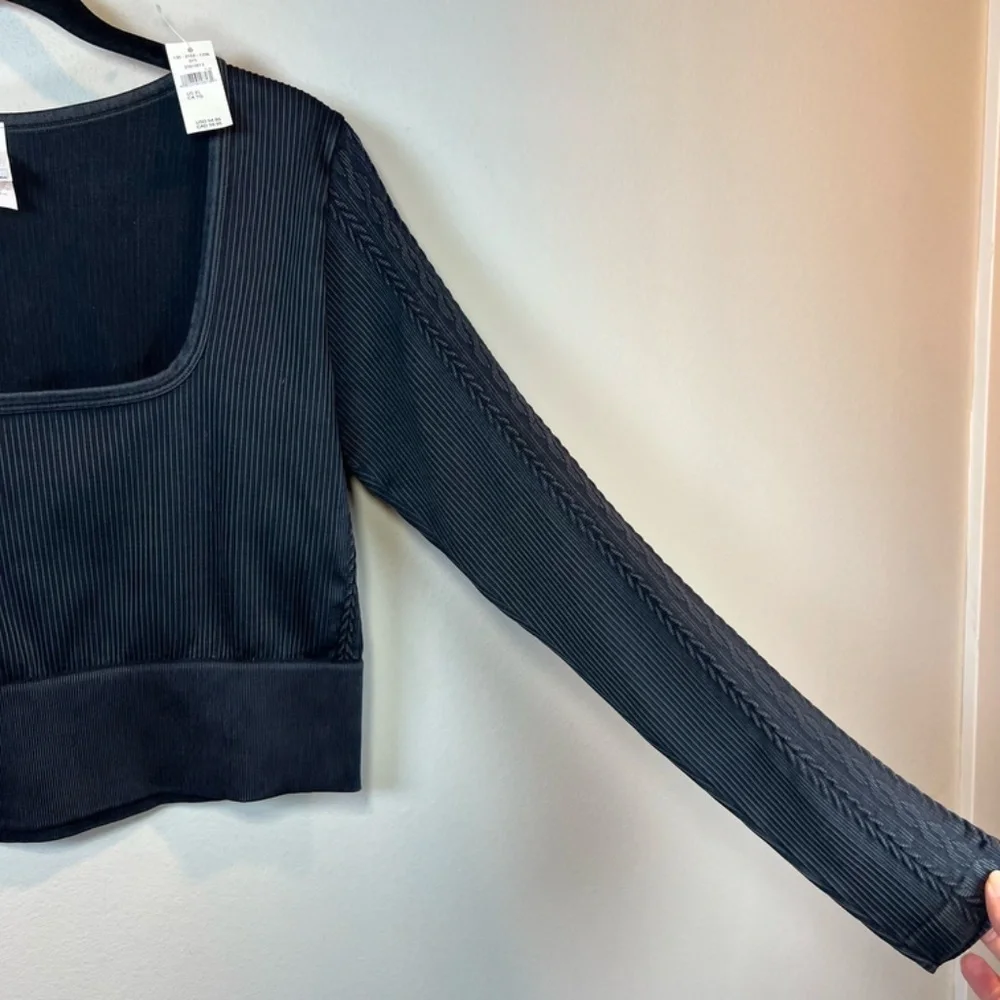 Offline By Aerie Seamless Cable Square Neck Ribbed Top Shirt Black NEW Womens XL - Picture 9 of 15